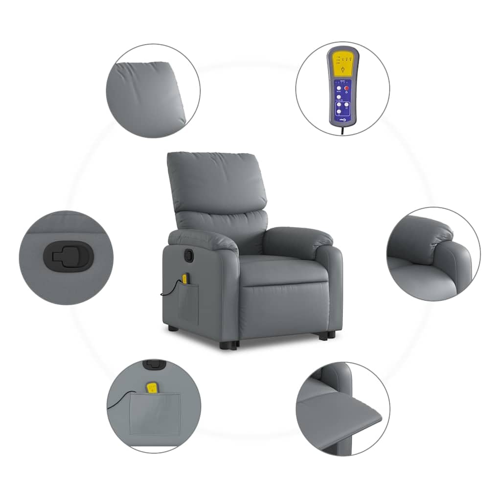 Sillón elevador reclinable con masaje de 6 puntos, color gris, piel sintética, para personas mayores, función de elevación eléctrica y vibración, cómodo asiento acolchado