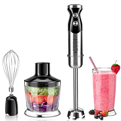 Pürierstab Edelstahl, Stabmixer mit Universalzerkleinerer, Mixer- & Schneebesenaufsatz, BPA-frei & spülmaschinenfest, geeignet für Smoothie, Suppen, Saucen, Joghurt, Babynahrung