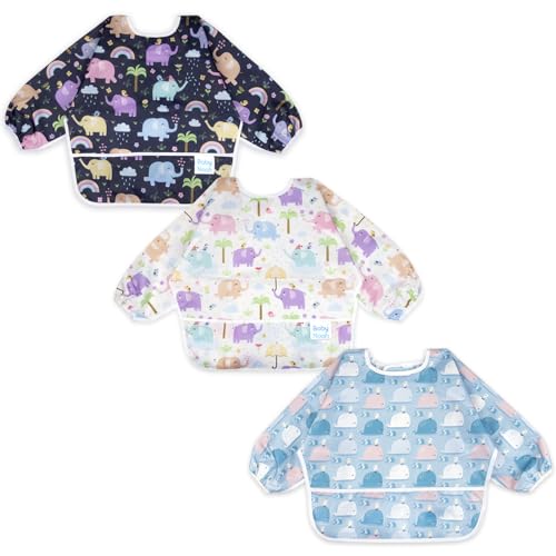 Image of 3 Pcs Long Sleeved Bib Set | Baby Waterproof Bibs with Pocket Bundle Toddler Bib with Sleeves and Crumb Catcher 6-24 Months