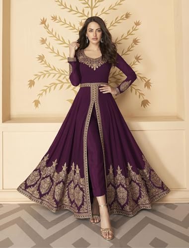 Image of Divine International Trading Co Women's Faux Georgette Semi Stitched Top with Santoon Fabric Bottom and Faux Georgette Dupatta Embroidered Front Slit Anarkali Dress