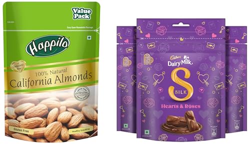 Image of Happilo 100% Natural Premium California Dried Almonds 500g Pack Pouch & Cadbury Dairy Milk Silk Chocolate Home Treats, 153 g (Pack of 3)
