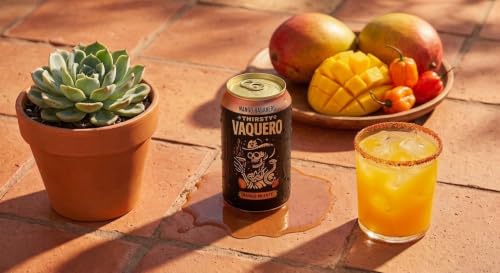 Image of Thirsty Vaquero, Mango Habanero Flavored soda (Mango Muerte), Mexican-inspired soda, Real Fruit Juice & Savory Spices, Made with Organic Agave, Low Calorie, Natural Juice, 12 oz Cans, 4-Pack