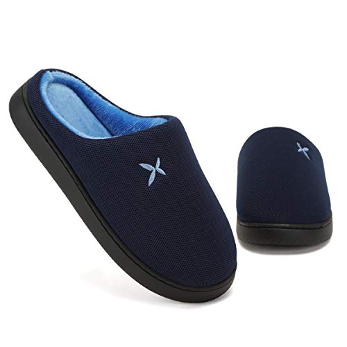 KISFLY Slippers for Men Indoor Slipper Comfortable Bedroom Shoes for Mens Slip on House Shoes Navyblue Two-Tone Casual Memory Foam Cotton Slides Shoes Size 7-8