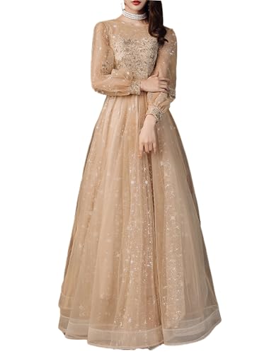 Noufany A-Line Prom Dresses Wedding Guest Party Wear Long Sleeve Jewel Neck Tulle with Sequin 2023 GD808