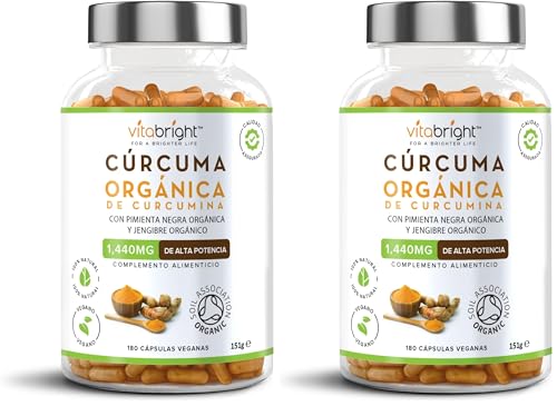 Cúrcuma con Jengibre y Pimienta Negra 1440 mg | 180 Cápsulas | Fuente de Curcumina y Piperina | Alta Dosis | Ingredientes de Agricultura Ecológica y Sin Aditivos | Suplemento VitaBright (Paquete de 2)