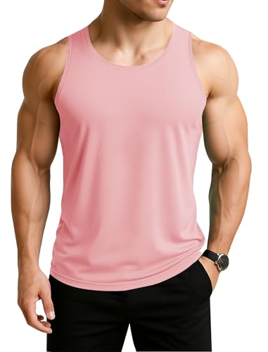 EKLENTSON Sleeveless T-Shirt Men Breathable Gym Muscle Vest Tops Summer Bodybuilding Workout Training UPF 50+ Sun Portection Tank Tops Pink,2XL