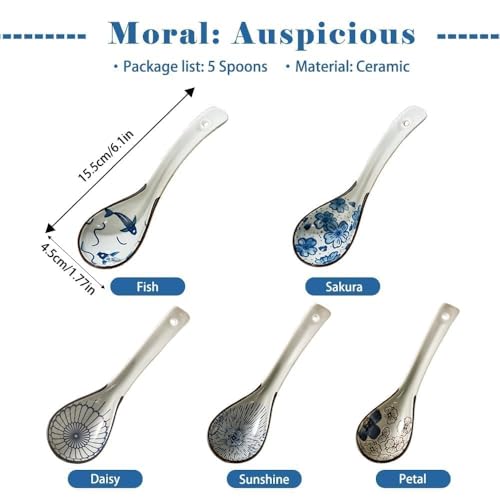 Raelitego 5pcs Asian Soup Spoon, Ceramic Chinese Soup Spoons, Deep Oval Hook Non-slip Japanese Spoons for Rice Ramen Pho Miso Soup Wonton Noodle, Luck and Prosperity Gifts for Friends Parents Family