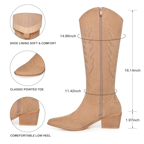 Image of SHIBEVER Suede Knee High Cowboy Boots for Women Comfortable Tall Cowgirl Boots Zipper Low Heel Fall Winter Western Booties
