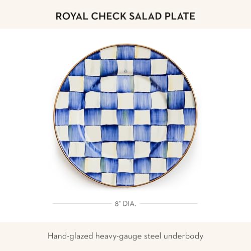 MACKENZIE-CHILDS Enamel Salad and Dessert Plate, Small Plate for a Dessert or Appetizer Dish, 8 Inches, Blue-and-White Royal Check