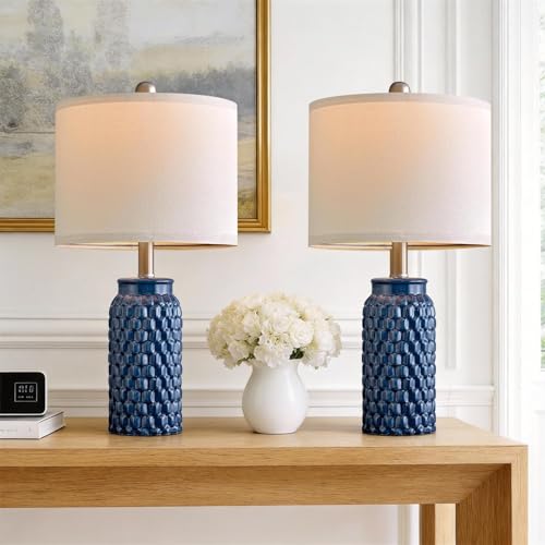 USumkky 20.5 inches Modern Ceramic Dark Blue Bedside Lamp Set