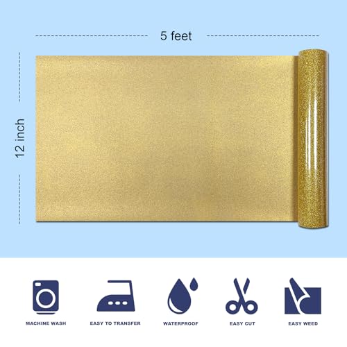 Image of Golden Glitter HTV Heat Transfer Vinyl, 12 inch x 5ft lron on Vinyl, for T-Shirt Ironing, Vinyl HTV Easy to Cut and Weed, The Best Choice for DIY Creativity. (Golden, 12 inch x5ft)