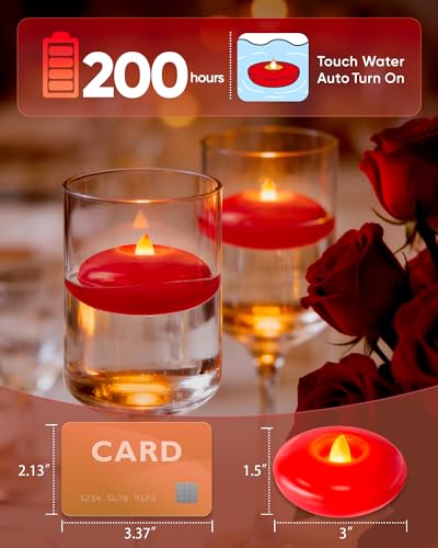 Image of Homemory 12 Pack 3 inch Flameless Led Floating Candles, 200 Hour Red Battery Operate Waterproof Tealights for Cylinder Vases, Centerpieces at Wedding Decor, Party, Pool
