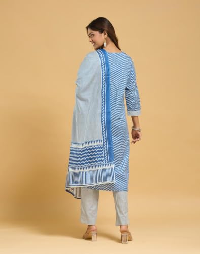 Image of Fabnu by Fabindia Women's Cotton Embroidered Kurta Pant Dupatta Set