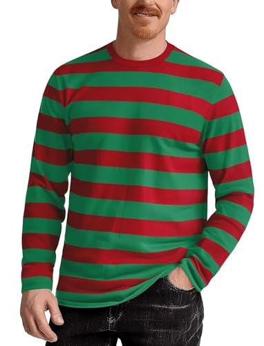 Zengjo Striped Shirt Mens Long Sleeve Stripe Christmas Shirt (Red/Green M)
