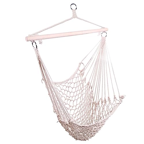 FRITHJILL Hanging Hammock Net Single Chair, Cotton Swing with Hanging Rope, 250 Pound Weight Capacity, Beige