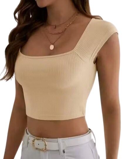 Image of Square Neck Sleeveless Unique Crop Top for Women - Lycra, Solid Design, Comfortable Fit, Stylish Summers