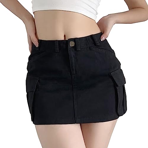 Women's Low Waist Cargo Skirt Button Mini Cargo Denim Skirt with Pocket2