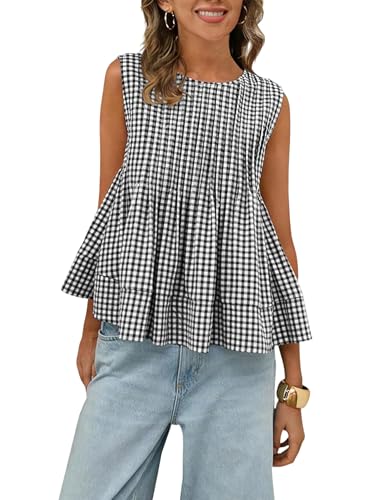 Megfie Womens Summer Gingham Pleated Peplum Sleeveless Blouse Tank
