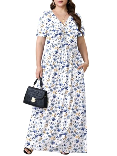 Image of PEVRL Plus Size Summer Maxi Dress for Curvy Women with Pockets 1X-5X | Short Sleeve, Twisted Front V-Neck, Summer Casual A Line Flowy Dress, Empire Waist Floral Print Beach Vacation Long Dress