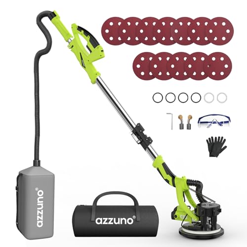 Drywall Sander with Vacuum Dust Collector, AZZUNO Popcorn Ceiling Removal Tool, 800-1900RPM, Extendable Handle, LED Light, 12pcs Sanding Discs