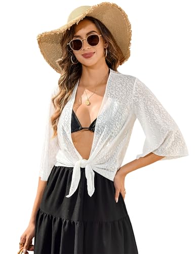 Image of Totatuit Women's Short Cardigan Bolero Sheer Shrug Tie Open Front Bell Sleeve Summer Cropped Bolero Cardigan