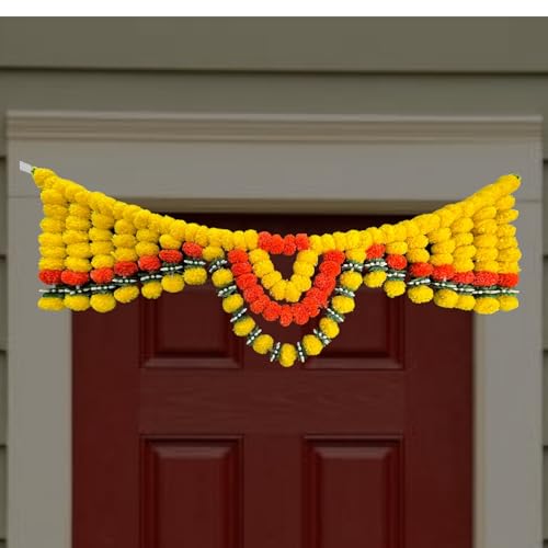 Image of iHandikart Handmade (40 Inch) Artificial Marigold Bandanwar with Chakri Mogra & Tofu Leaves Traditional Floral Door Bandanwar for Makar Sankranti, Lohri, Griha Pravesh & Elegant Home Decor (B0075)