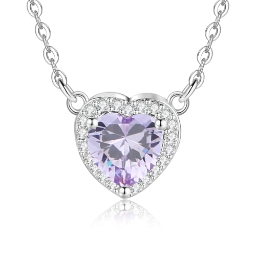 Dlismno 925 Silver Plated Dainty Birthstone Necklace for Women, 5A Heart Cubic Zirconia Pendant, Birthday Anniversary Valentine's Gifts for Her, 18-20 Inches