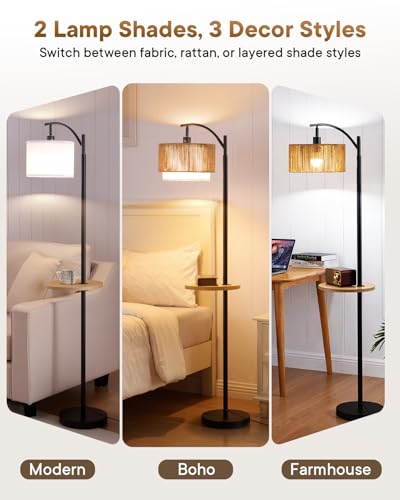 Image of PESRAE Rattan Floor Lamp for Living Room, Farmhouse Arc Standing Lamp | Side Table with lamp, 3 Color Temperatures, Rattan & Fabric Lamp Shades, Boho Standing Lamp for Living Room, Bedroom Corner