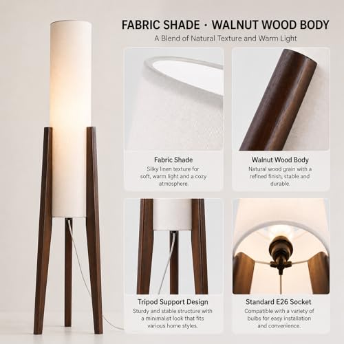 Image of 50 Inch Tall Tripod Floor Lamp Suit for Living Room,Walnut Wood Finish