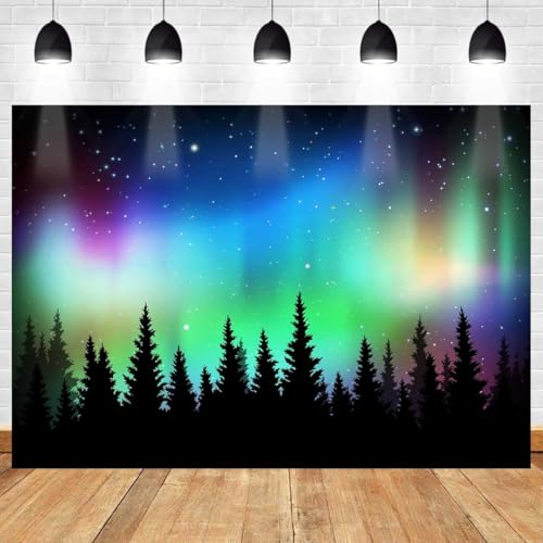 Northern Lights Backdrop for Hiking Travel Birthday Party Decorations Colorful Aurora Borealis Pine Forest Starry Night Sky Scenery Photography Background Pine Forest Northern Lights Art Banner 7x5ft