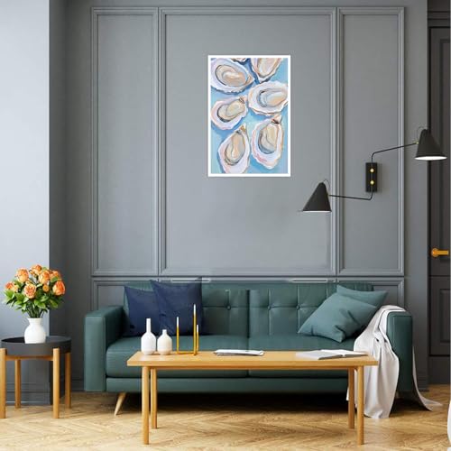 Image of Pastel Blue Oyster Shell Poster Abstract Coastal Shell Canvas Wall Art Funky Colorful Summer Beachy Picture Prints Painting For Home Living Room Kitchen Restaurant Wall Decor 12x16in Unframed