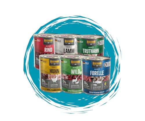Belcando Baseline Mix 6x800g – Alle 6 Sorten im Paket: Forelle, Huhn, Lamm, Rind, Truthahn, Wild & Ente – Alleinfutter für ausgewachsene Hunde – ohne Soja & künstliche Zusatzstoffe - Nassfutter Bundle