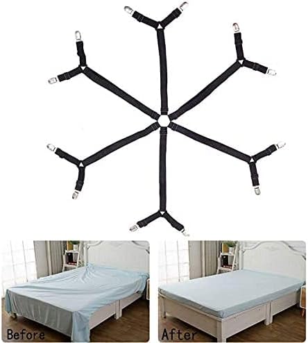 GOODTY 6 Sides Bed Sheet Clips,Sheet Fasteners Adjustable Elastic Sheet Straps Sheet Holder for Round/Square,King/Queen Any Size Bed Sheet (Black)