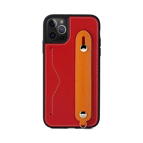 iPhone12/iPhone12 Pro ケース 本革 グリップケース レザー ストラップ付属 イタリア製牛革 ヌメ革 片手操作 カード収納 スタンド機能 メンズ レディース レッド/オレンジ CGH-12Pro-Red-OG