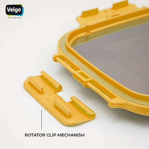 Image of Veigo Original Set Pack of 3 Stainless Steel Airtight & Leakproof Medium Lunch Box with Silicon Ring & Polymer Frame for Re-Heating|Safe Lid Lock|Square (330ML) Yellow