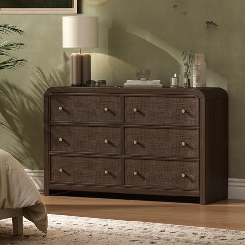 Image of Oak&Sparrow 6 Drawer Dresser for Bedroom, 49'' Rattan Dresser with Ample Storage, Boho Chest of Drawers, Thickened Curved Profile Design, Dark Walnut Dressers for Bedroom, Living Room