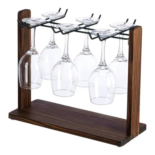 MyGift Tabletop Wine Glass Drying Rack, Champagne Flute Holder, Countertop Stemware Stand for Goblets, Modern Burnt Brown Solid Wood and Matte Black Metal Wire