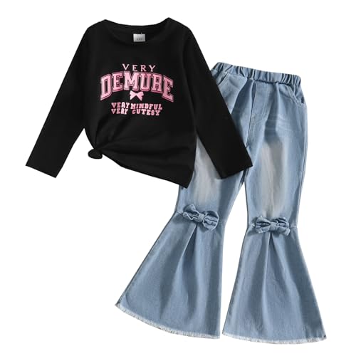 Image of Toddler Girl Clothes Long Sleeve Cartoon & Letter Graphic Top + Fruit Stationery Print Flared Leg Pants