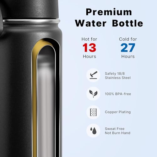 Image of koodee 22 oz Water Bottle with Straw Lid Stainless Steel Vacuum Insulated Sports Water Bottle for School, Reusable Metal Water Bottle Flask for Boy (Black)
