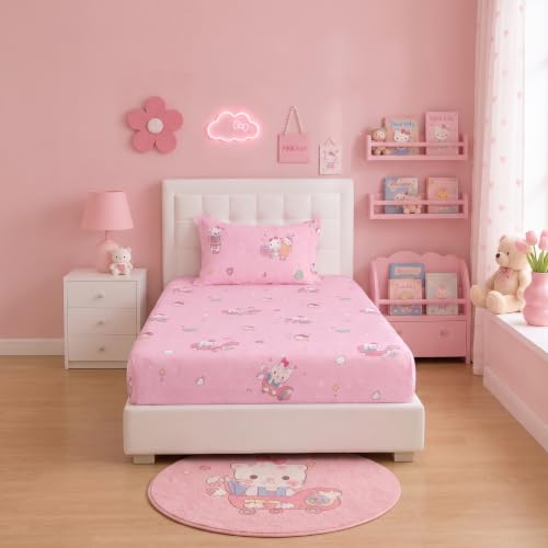 Image of Filymore Kids Single Bedsheet with 1 Pillow Cover | Cartoon Kitty Printed Bed Sheet for Single Bed | 240 TC Soft Microfiber Bedding Set | 90 x 60 Inch Bedspread | Pink & White