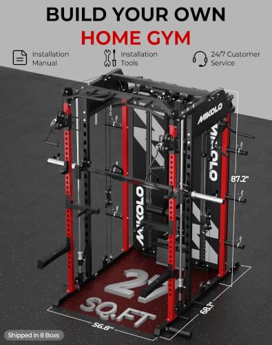 Image of Mikolo Smith Machine with Weight Stack, Power Cage Home Gym System with LAT Pulldown & Cable Crossover, Multi-Functional Trainer with Dual Pulley System, Includes 10+ Free Attachments