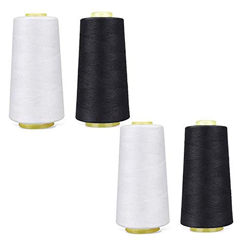 4 Pack of 6000 Yard Each Spool (White & Black) Sewing Thread All Purpose 100% Spun Polyester Overlock Cone (Upholstery, Canvas, Drapery, Beading, Quilting,Serger,Over Lock, Merrow, Single Needle)