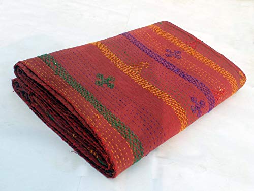 Bhawana Handicrafts Maroon Hand Embroidered Kantha Quilt Handmade Kantha Blanket Indian Cotton Kantha Bedspread Vintage Kantha Throw Bohemian Kantha Bed Cover