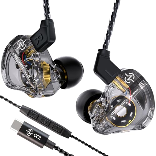 Image of CCZ DC01 Pro USB C Headphones Wired Type-C in Ear Monitor Headphone, Professional USB C Wired Earbuds Super Bass Gaming IEMS with 1DD Patent Ear fin Ear tips for Singer Musician (Black, USBC-With Mic)