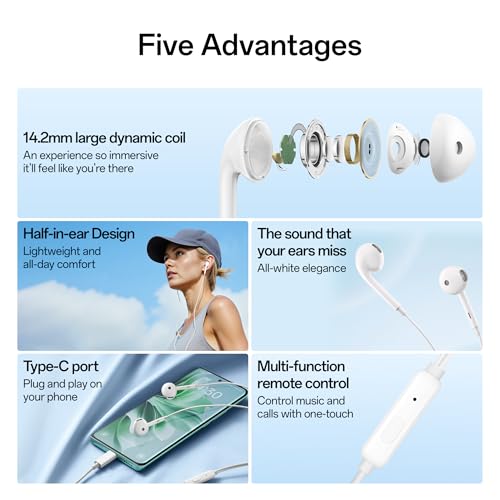 Image of Oppo Type-C Half-in-Ear Wired Earbuds,14.2mm Dynamic Coil, with Multi-Function Remote-MH136 (Black)