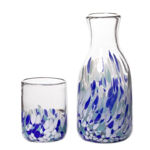 NOVICA Artisan Crafted Handblown Recycled Carafe & Cup Glass | Drinkware Water Decanters | Blue Confetti | Recycled Glass | Dishwasher Safe | Mexico ' Blue Confetti' (9