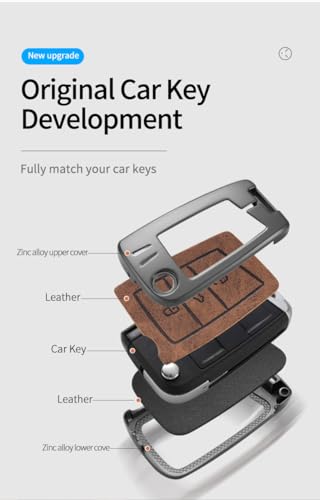 Image of Zinc Metal Alloy Leather Car Key Cover & Case Brown with Keychain & Holder Compatible for VW Taiguan, Virtus, Tiguan, T-ROC, Jetta (3 Button Flip Key New)