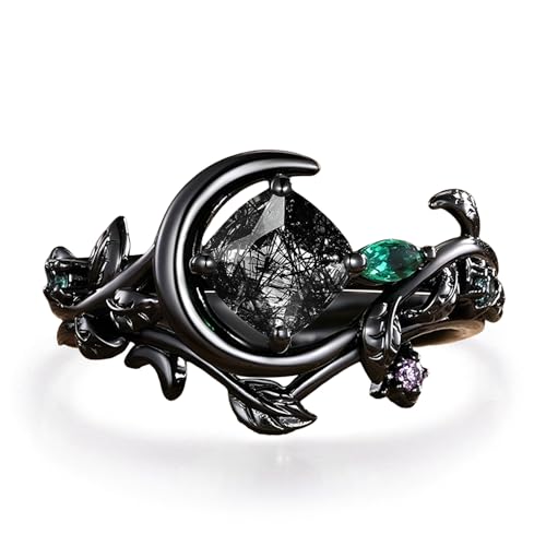 Gemstone Nature Black Rutilated Quartz Rings Set Wedding Ring Sets 10K 14K 18K Solid Gold Kite Cut Black Rutilated Quartz Engagement Bridal Ring Sets for Women Free Engrave