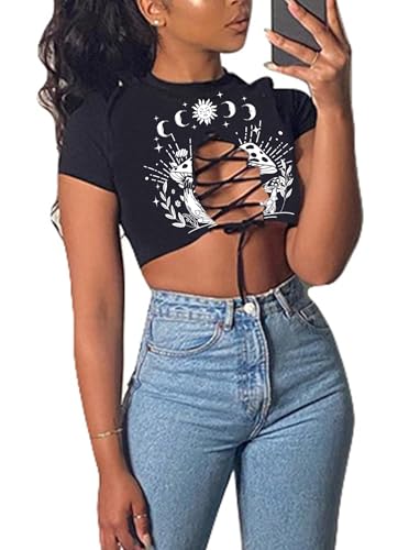 Remidoo Women's Sexy Lace Up Crop Top Short Sleeve Cropped T Shirt Cutout Graphic Tee Mushroom Black X-Small