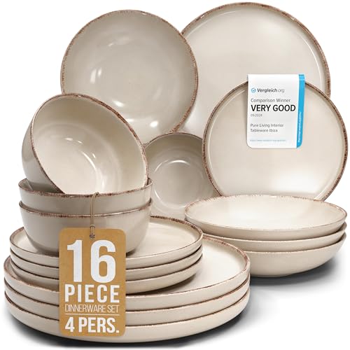Image of 16 Piece Stoneware Dinnerware Set for 4 - Handmade Reactive Glaze Plates and Bowls Set - Chip & Scratch Resistant Dish Set - Dishwasher Microwave Safe - Rustic Beige